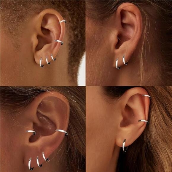 5 Pairs Small Silver Hoop Earrings Set for Women Men, Cute Silver Huggie - Picture 3 of 4